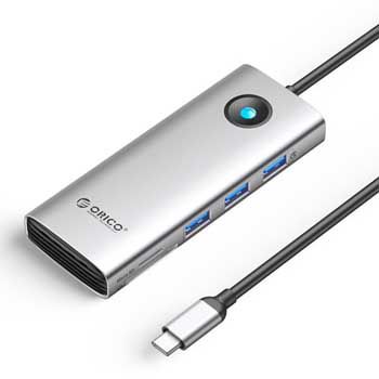 Hub đa năng 8 trong 1 cổng TypeC ORICO PW11-8P-SV-EP (USB-C -> 3xUSB3.0, USB-C PD100W, 1x HDMI , 1 x Lan Giga, SD/TF)